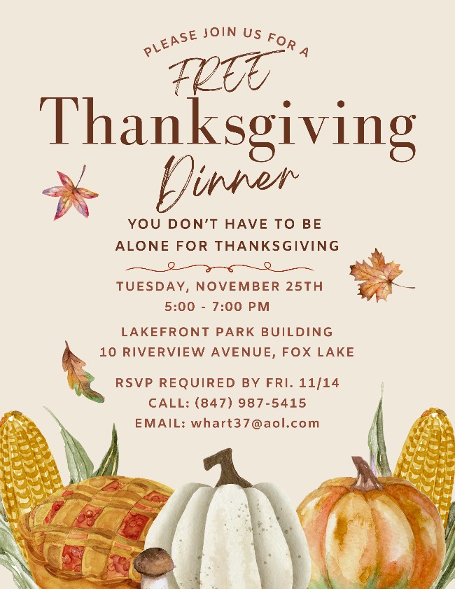 Free Thanksgiving Dinner at Lakefront Park in Fox Lake